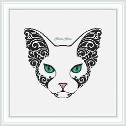 Cross stitch pattern head Cat Sphinx blue eyes ears floral ornament kitten feline abstract counted crossstitch patterns
