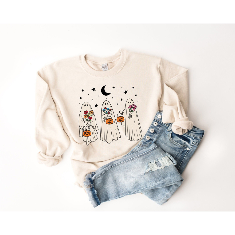 Floral Ghost Sweatshirt, Floral Ghost Shirt, Halloween Ghost Sweatshirt, Flower Halloween Shirt, Vintage Retro Sweatshirt, Fall Sweater - 3.jpg