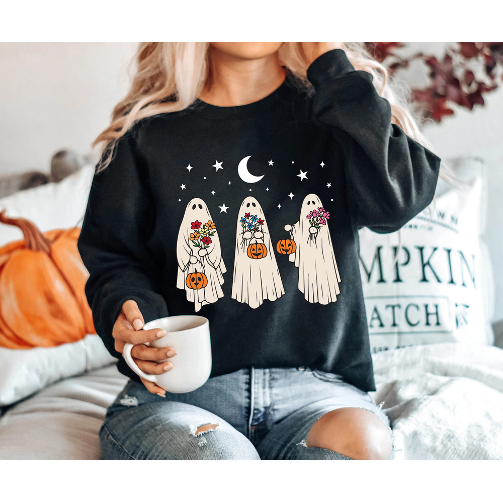 Floral Ghost Sweatshirt, Floral Ghost Shirt, Halloween Ghost Sweatshirt, Flower Halloween Shirt, Vintage Retro Sweatshirt, Fall Sweater - 7.jpg