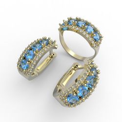 3d Model Of A Jewelry Ring And Earrings With A Large Gemstones For Printing. Engagement Ring And Earrings. 3d Printing