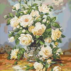 PDF Cross Stitch Digital Pattern - Bouquet of White Roses - Embroidery Counted Templates