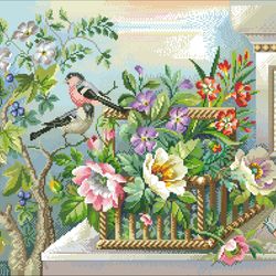 PDF Cross Stitch Digital Pattern - Flower Basket and Birds - Embroidery Counted Templates
