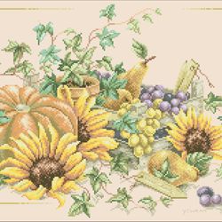 PDF Cross Stitch Digital Pattern - Pumpkin and Sunflowers - Embroidery Counted Templates