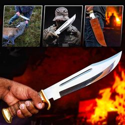 custom made d2/c430 tool steel high polish crocodile dundee bowie knife, dundee hunter with leather sheath, gift for him