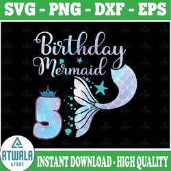 personalized 5th birthday mermaid png, five year old birthday mermaid girl , 5th birthday png, mermaid 5th birthday