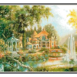 PDF Cross Stitch Digital Pattern - House with a Fountain - Embroidery Counted Templates