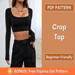 Crop Top Pattern | Long Sleeve Top Sewing Pattern | Fitted Crop Top Pattern | Sleeve Top Pattern | S-xl | Top Sewing