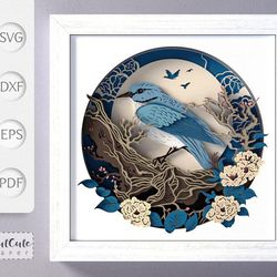 Bird SVG Shadow Box Template, Flowers Birds and Moon 3D SVG Shadowbox, Layered Cardstock Paper Cut for Cricut