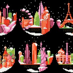 PDF Cross Stitch Digital Pattern - The City Snow Globes - Embroidery Counted Templates