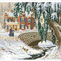PDF Cross Stitch Digital Pattern - The Winter Landscape - Bridge - Embroidery Counted Templates
