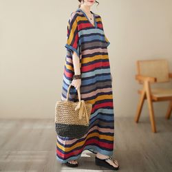 Summer V-neck loose large size simple holiday wind long skirt striped beach skirt women's robe