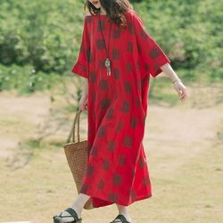 new large size women's cotton and linen high-end simple retro casual red dress