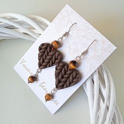 Heart dangle BROWN earrings/Elegant holiday earring/Birthday polymer clay earrings/Lightweight earrings/Handmade Jewelry