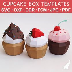 Papercraft cupcake boxes templates – SVG for Cricut, DXF for Silhouette, FCM for Brother, PDF cut files
