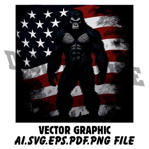 BIGFOOT ON THE BACKGROUND OF THE AMERICA FLAG AI.SVG.EPS.PDF.PNG DOWNLOAD DIGITAL SUBLIMATION FILES