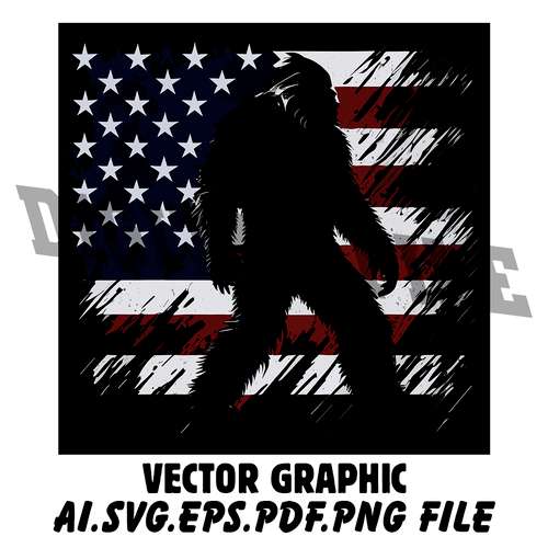 BIGFOOT ON THE BACKGROUND OF THE AMERICA FLAG AI.SVG.EPS.PDF.PNG DOWNLOAD DIGITAL SUBLIMATION FILES
