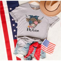 highland cow with 4th of july t-shirt, america t shirt, july 4th shirt, independence day shirt, fourth of july shirt