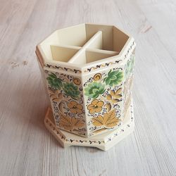 Beige floral desktop rotating pencil holder stand hand-painted, Russian souvenir table decor handmade
