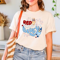 comfort colors red white bluey shirt, independence day, family bluey shirt, bluey fireworks shirt, gift, bluey bingo