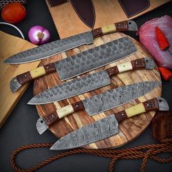 custom hand forged 5 pcs set kitchen knives with leather sheath handmade knives gift knives mk065aa