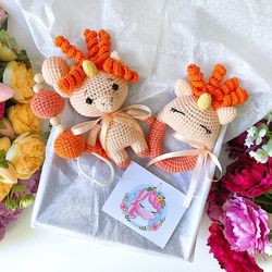 Baby gift box unicorn orange. Baby rattle unicorn, stroller toy. Gift set for newborns. Crochet baby unicorn. Baby set