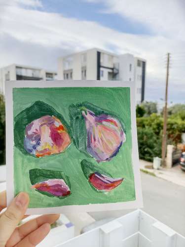 Original small painting Still life kitchen artwork garlic Pop art style