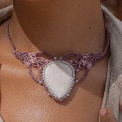 Rose opal macrame gemstone necklace, bohemian semi precious stone jewelry, fairy cosplay rhinestone pendant, girlfriend
