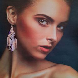 Long pastel fringe beaded Boho earrings. Abstract art earrings. Tassels beadwork statement jewelry. Gift for woman