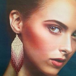 Rose brown gradient seed beaded earrings with tassels. Long boho handwork fringe earrings. Summer jewel.Gift for woman.