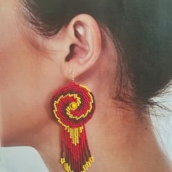 Brown red beadwork spiral disk tassels earrings. Large bead iridesce round earrings. Seed beaded gradient Gift for woman