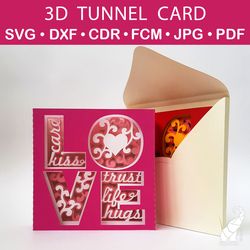 Love 3D paper layered tunnel card with envelope template – SVG for Cricut, DXF for Silhouette, FCM for Brother, PDF