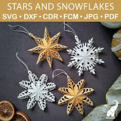Paper Christmas tree decorations template, stars and snowflakes, SVG for Cricut, DXF for Silhouette, FCM, PDF