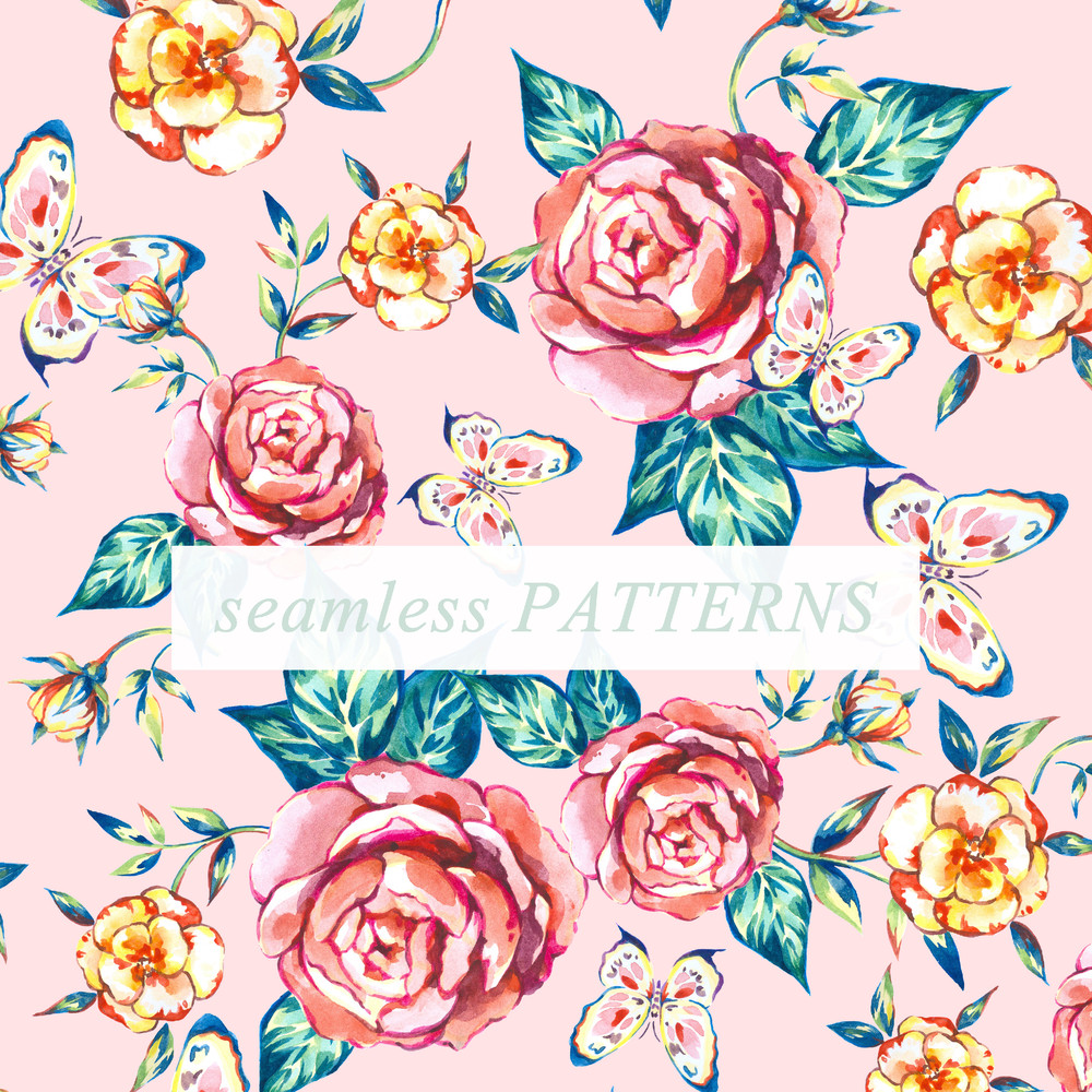 Picturesque bright seamless floral and butterfly pattern pink roses watercolor painted for wallpapers, textiles, cards, posters, prints 2..jpg