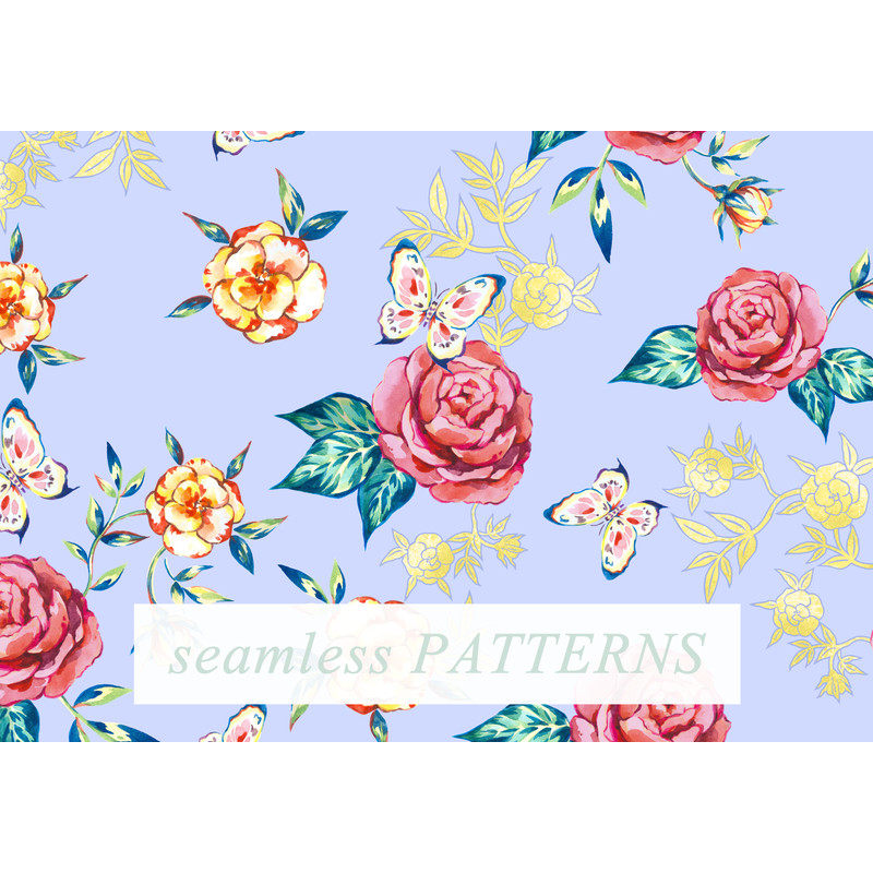 Picturesque bright seamless floral and butterfly pattern pink roses watercolor painted for wallpapers, textiles, cards, posters, prints on blue 2..jpg