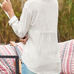 Casual Long Sleeve Shirt For Spring & Fall, Women's Clothing Solid Linen Button Down Shirt