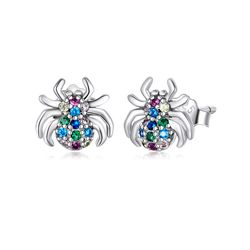 Spider earrings, Sterling silver studs with colorful stones, Insect lover gift, Statement jewelry