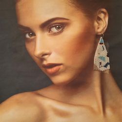 Pastel beaded Boho tassels earrings. Abstract long fringe dangling beadwork earrings.Trendy drop jewelry. Gift for woman