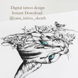 Cat Tattoo Designs For Ladies Cat And Flowers Tattoo Sketch, Instant download JPG, PNG