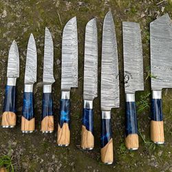 Hand Forged Damascus Steel Professional Chef Knives Set of 8, Kitchen Knife with Leather Bag Roll, Olive Wood Cooking Kn