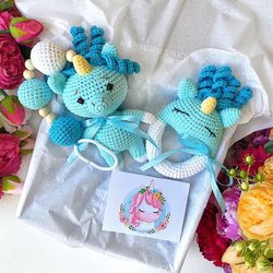 baby gift box unicorn blue. baby rattle unicorn, stroller toy. gift set for newborns. crochet baby unicorn. baby set