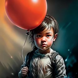 Digital Art: Dark-Haired Girl Holding Red Balloon - Unique and Expressive