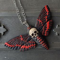 Death's head moth jewerly, skull moth pendant,  red moth necklace, witchy jewelry, gothic jewelry,hawk moth jewelry,