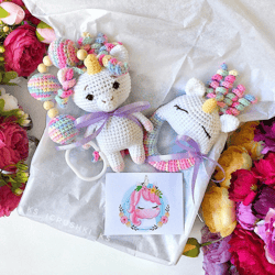Baby gift box unicorn white. Baby rattle unicorn, stroller toy. Gift set for newborns. Crochet baby unicorn. Baby set