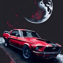 Red Sports Car against Bright Moon - Digital Art Masterpiece