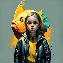Little Girl with Yellow Sweater and Giant Fish - Whimsical Digital Art