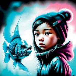 girl in hat with fish - captivating digital art