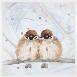 Sparrows original watercolor painting cute couple of two little birds artwork sparrow bird wall art nursery wall decor
