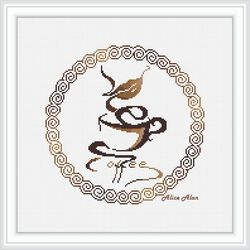 Cross stitch pattern Kitchen Coffee smile cup silhouette aroma drink monochrome chocolate counted crossstitch patterns