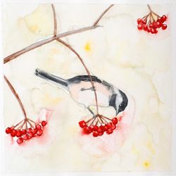 Black capped chickadee original watercolor painting little bird eats viburnum red berries artwork nursery wall decor