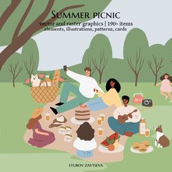 Summer picnic clipart, People, couples, friends, and families enjoying a picnic in park vector illustration